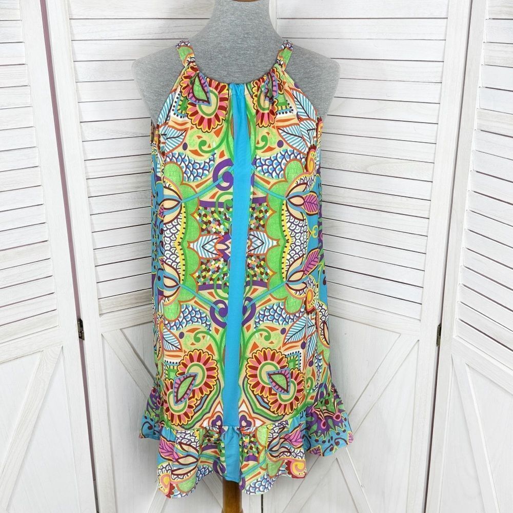 Jade Melody Tam Multi Floral Print Ruffle Hem Tunic Halter Dress Medium